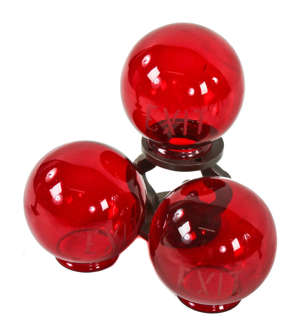 completely intact and original early 20th century bright ruby red glass interior vaudeville theater wall sconce exit light shade or globe with lightly etched lettering