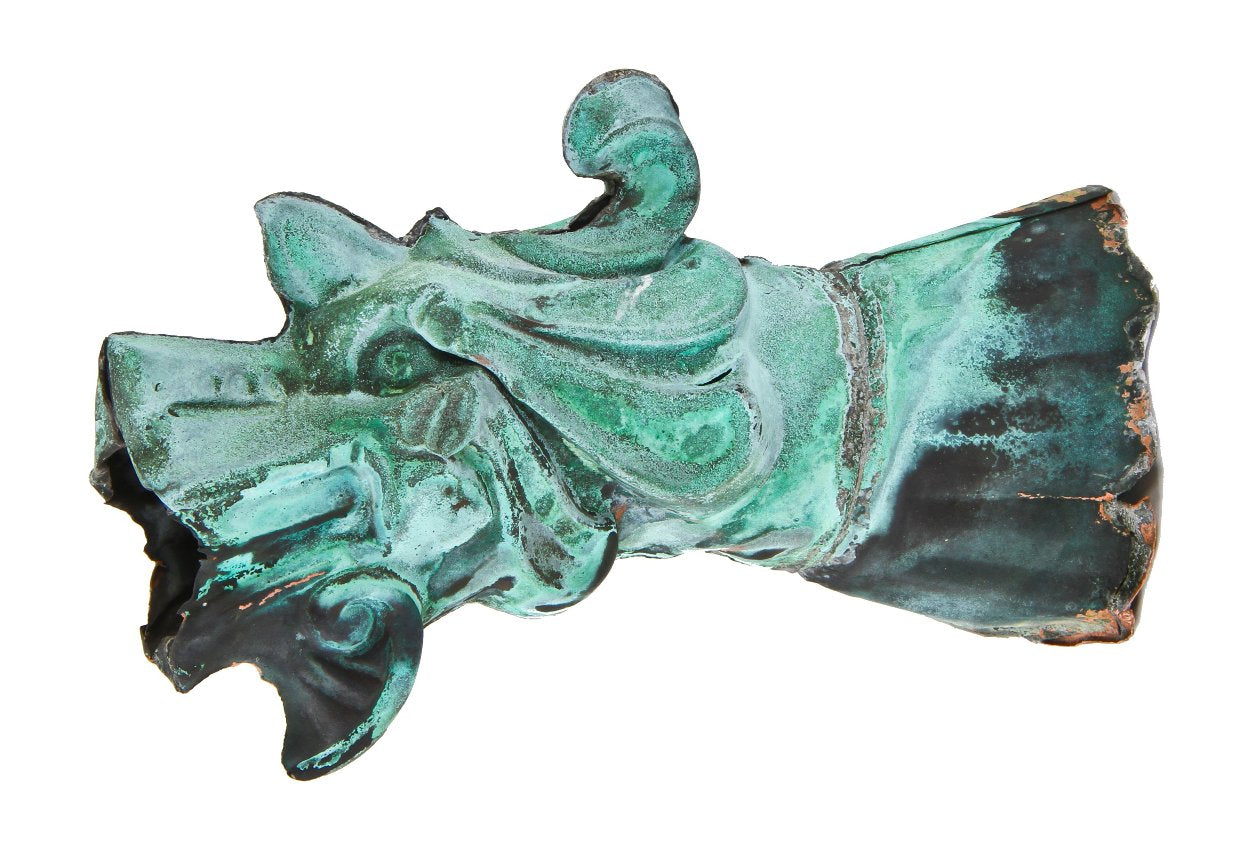 original late 19th century heavily oxidized pressed and formed lightweight copper exterior residential figural dragon head gutter spout