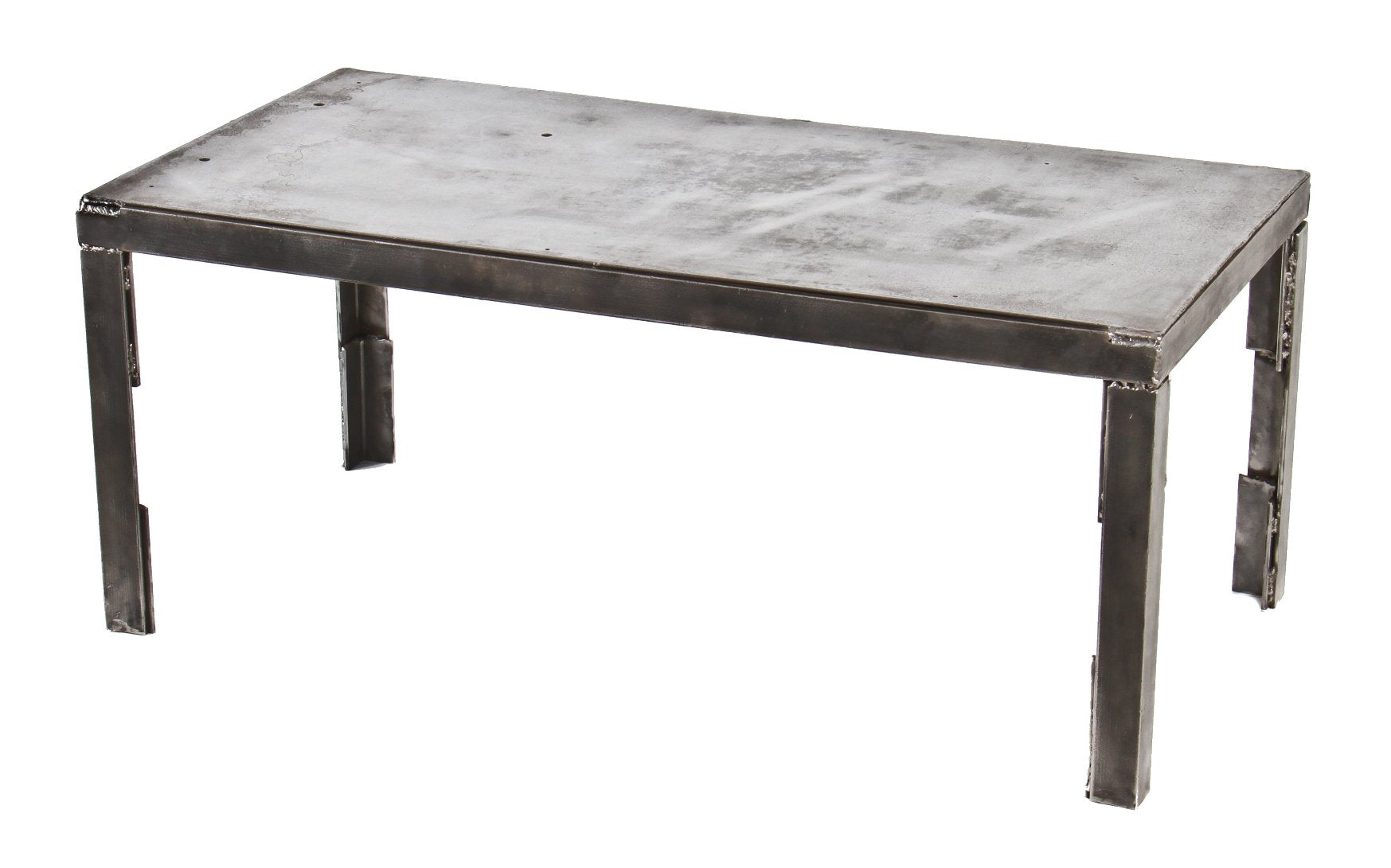 c. 1940's reconfigured vintage american industrial all-welded joint angled steel four-legged repurposed coffee table with a brushed and sanded bare metal finish