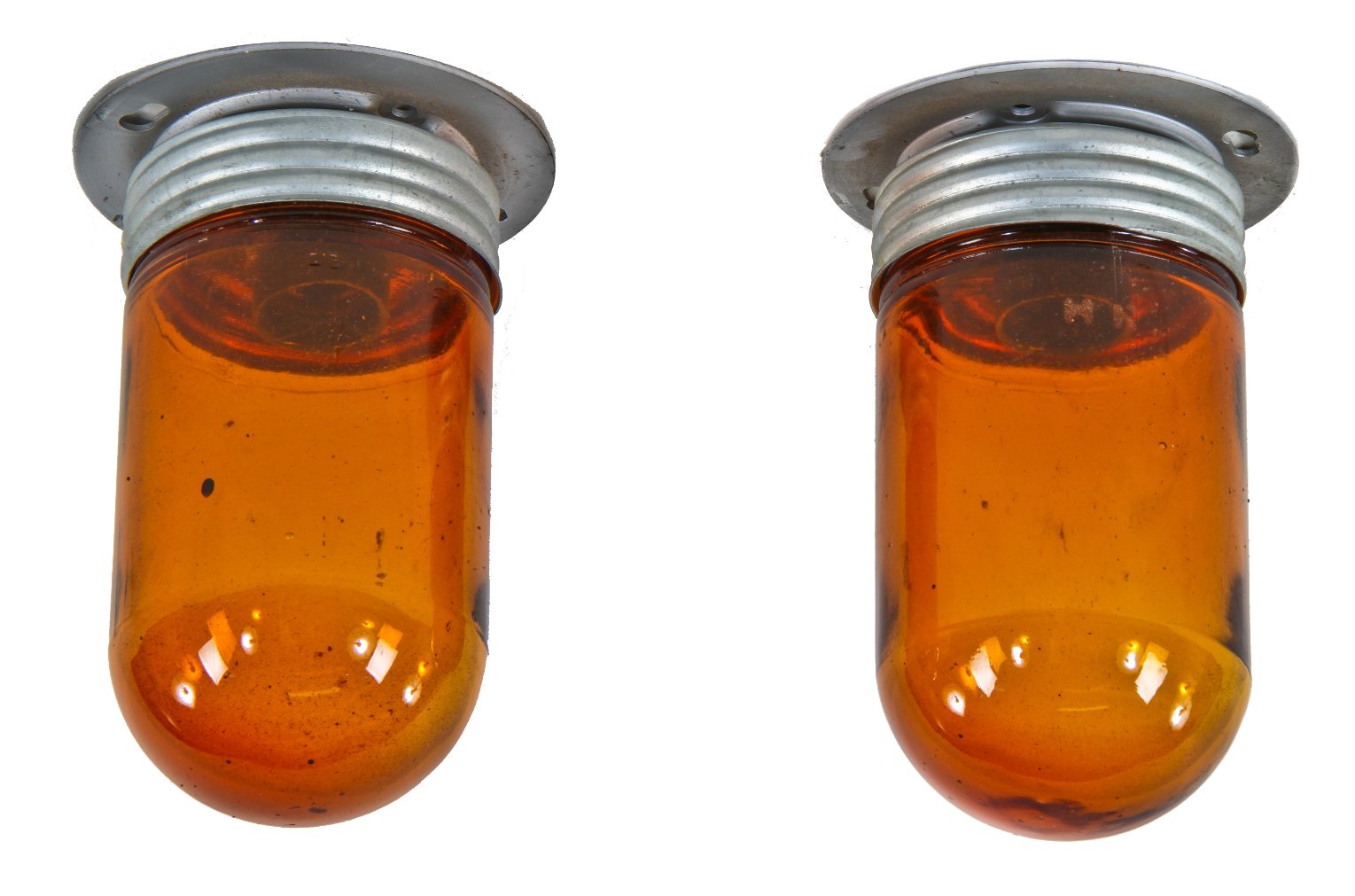 matching set of original "new old stock" appleton galvanized steel "explosion proof" flush mount ceiling pendants or wall sconces with period amber glass globe or bulb guards