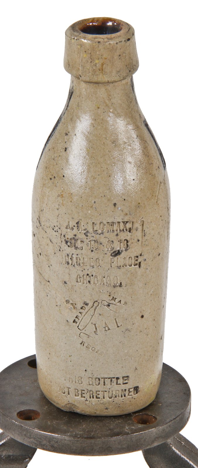 original and intact 19th century antique american privy dug salt-glazed debossed ceramic or pottery beer or soda john a lomax chicago bottle