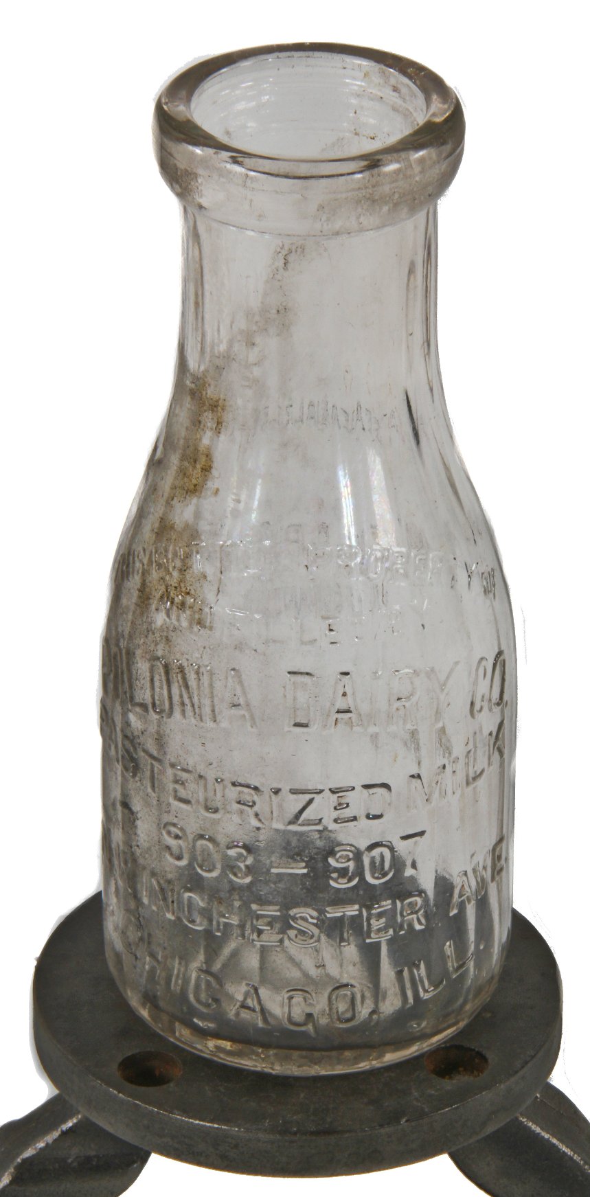 original 20th century antique american privy dug pint-sized colorless or clear glass grooved or fluted intact polonia dairy "pasteurized" embossed milk bottle