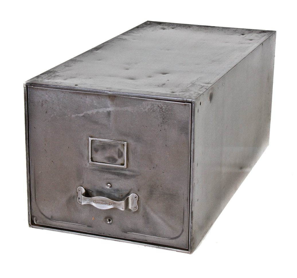 c. 1920's heavily reinforced cold-rolled pressed and folded american industrial sheet steel single compartment stackable filing cabinet with riveted handle