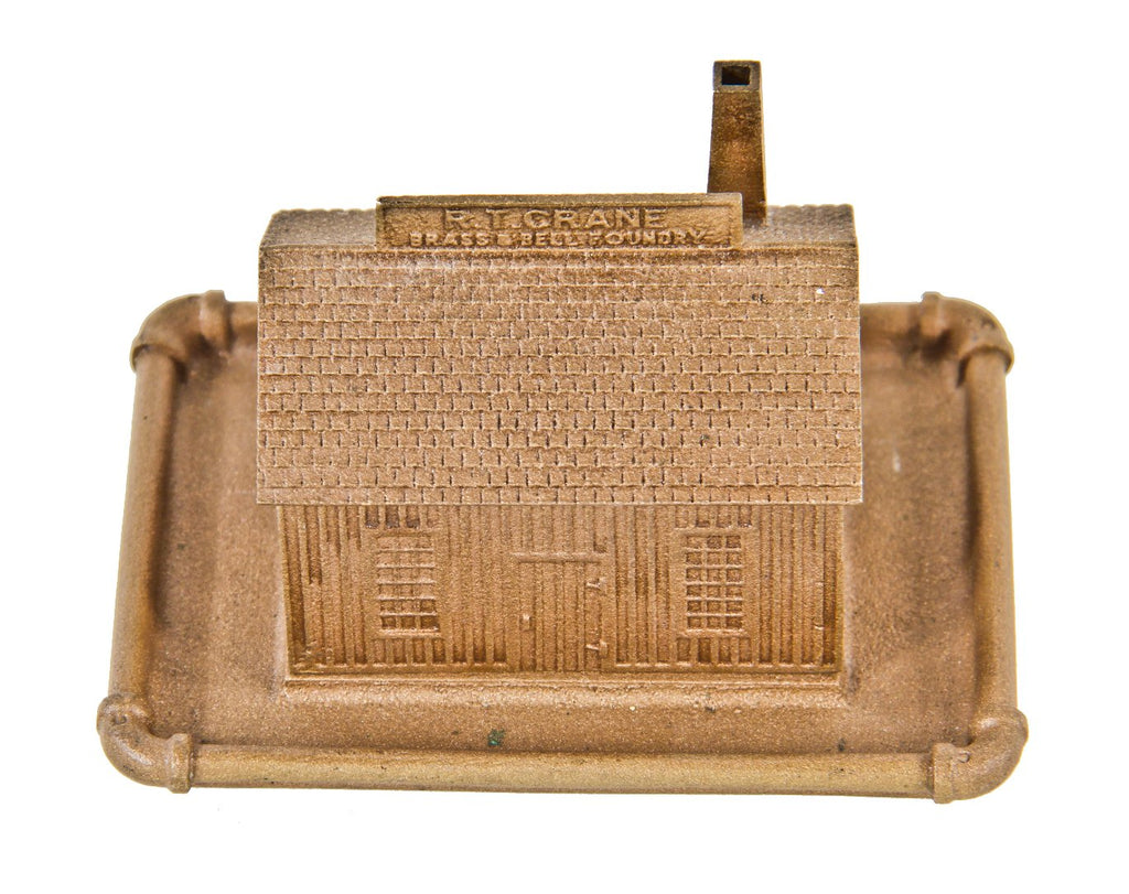 unusual diminutive two-part cast bronze "1855-1925" crane company building 70th anniversary souvenir depicting the company's first workshop