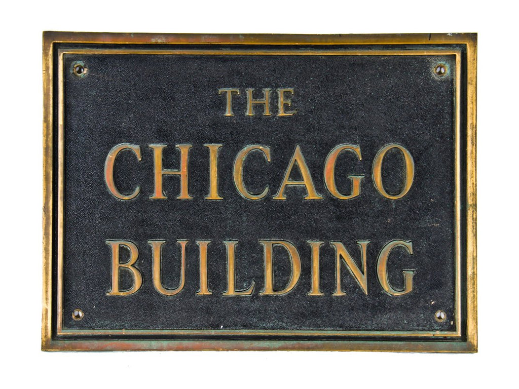 historically-important early 20th century all original oversized single-sided nicely aged cast bronze chicago building exterior facade sign plaque with raised fanciful lettering