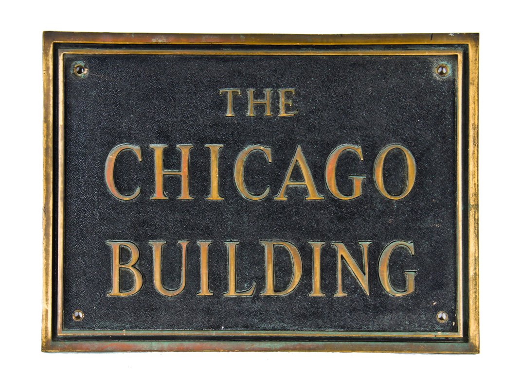 historically-important early 20th century all original oversized single-sided nicely aged cast bronze chicago building exterior facade sign plaque with raised fanciful lettering
