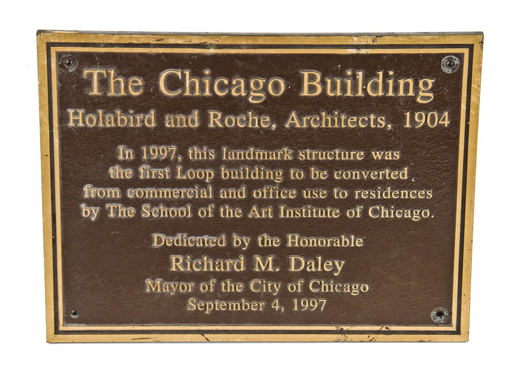 original and intact single-sided surface mount two-tone cast bronze c. 1997 chicago building landmark ceremonial dedication plaque