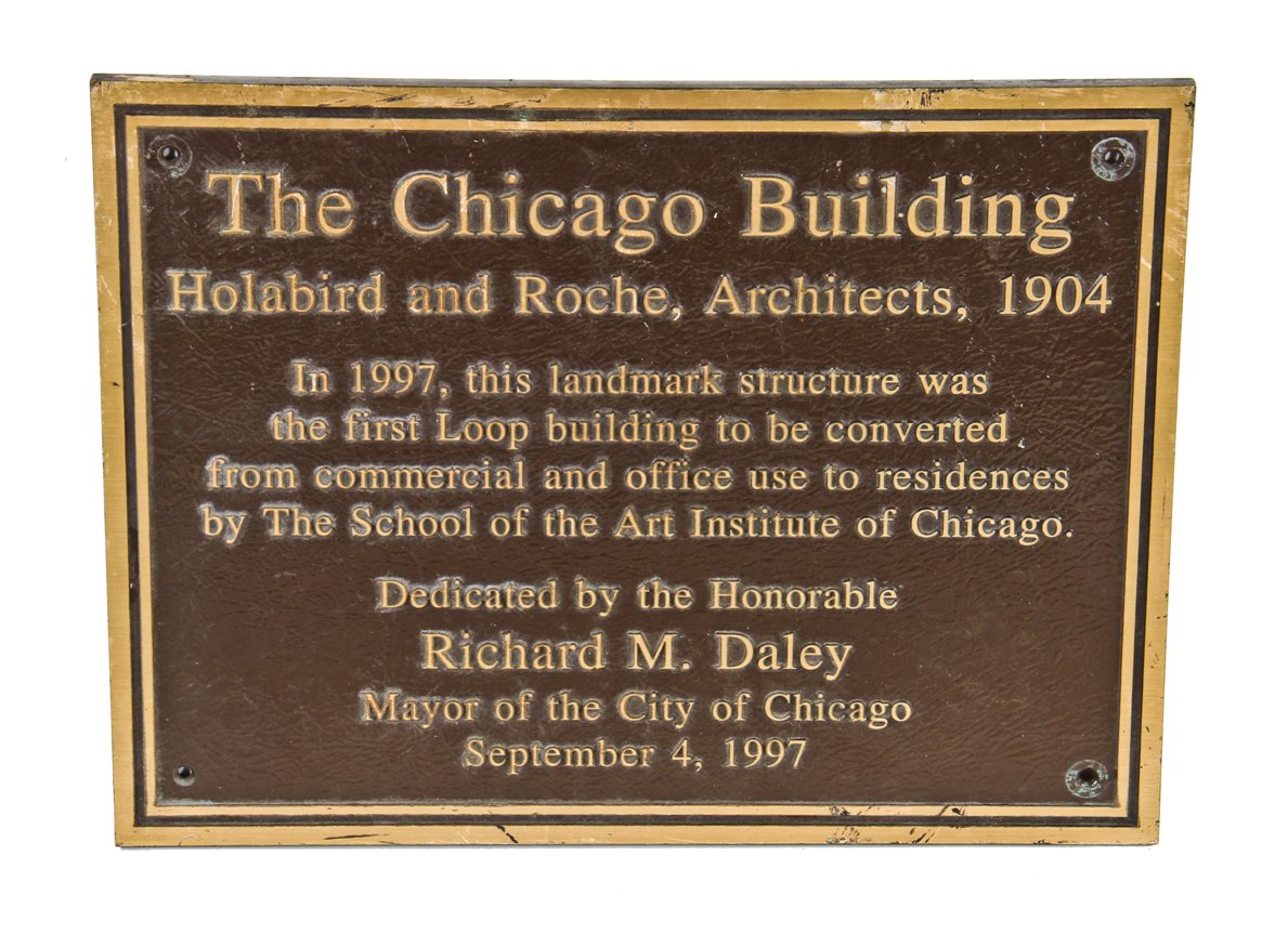 original and intact single-sided surface mount two-tone cast bronze c. 1997 chicago building landmark ceremonial dedication plaque