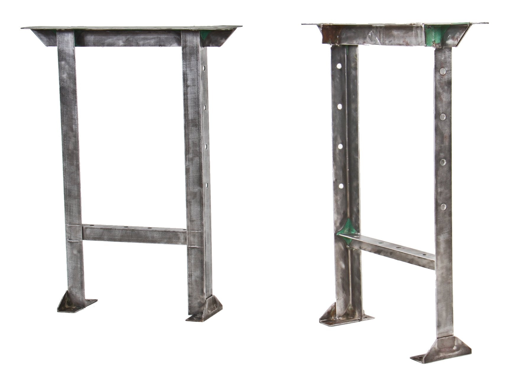 two matching original c. 1930's refinished american industrial pressed and folded angled iron pollard factory machine shop workbench bases