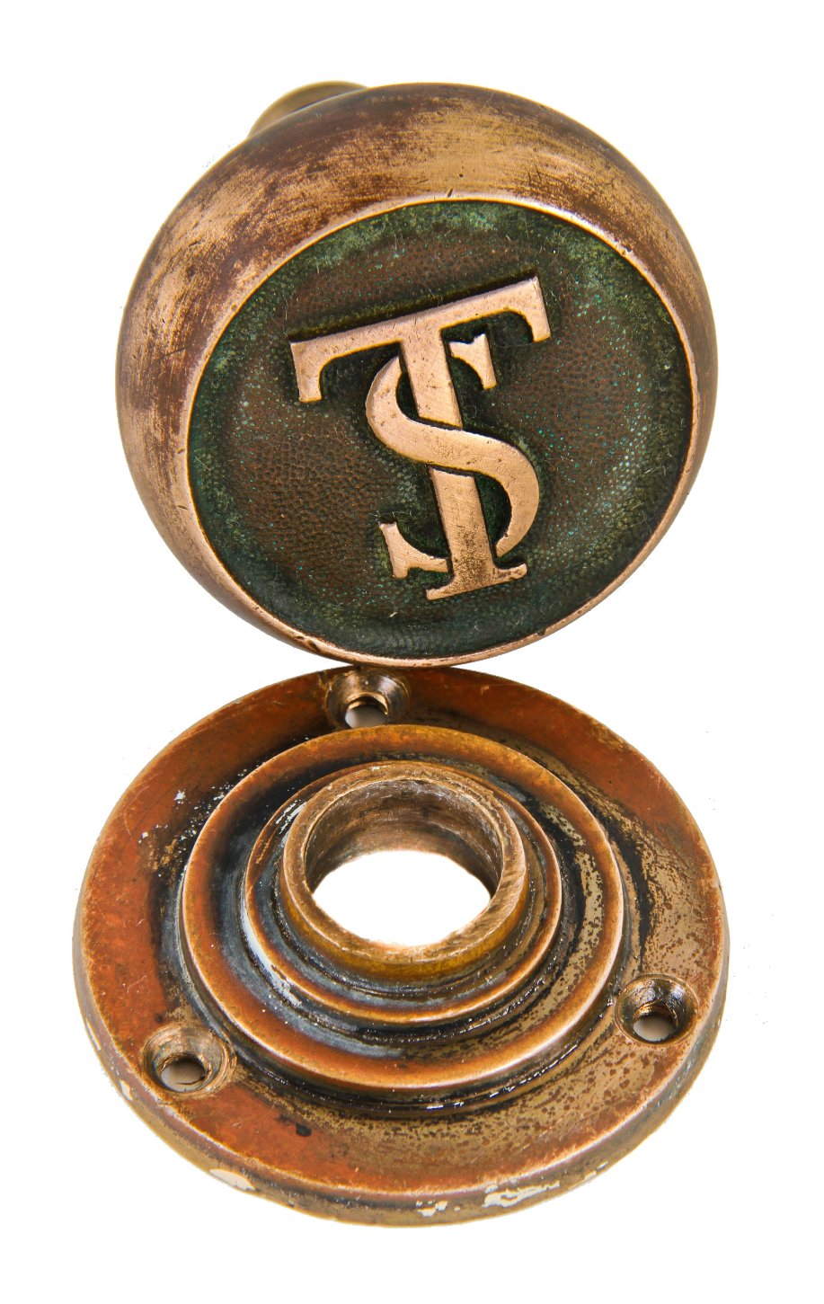 original documented c. 1933 ornamental cast bronze cincinnati times-star building interior office door monogrammed doorknob and matching rosette