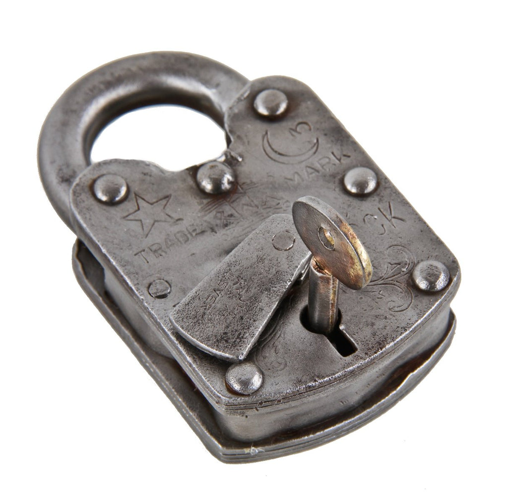 late 19th or early 20th century oversized heavy duty riveted joint wrought iron or steel padlock with intact shackle and original barrel key