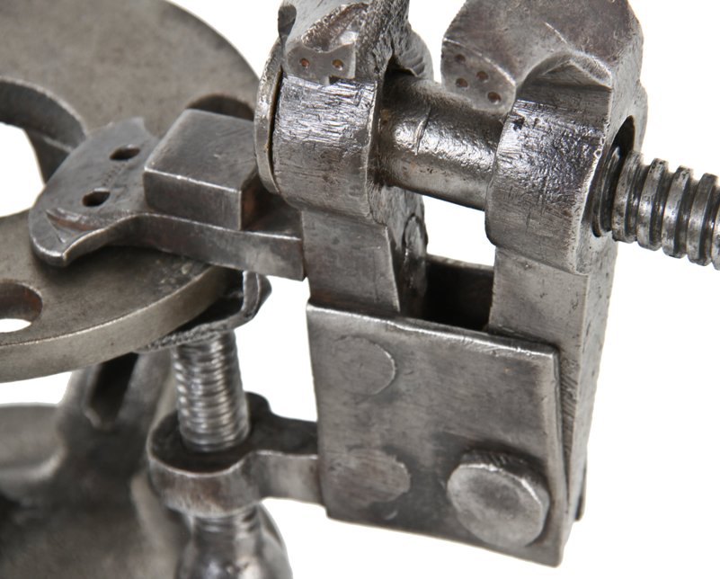 original late 19th or early 20th century george gorton custom-built wrought iron and steel diminutive riveted joint portable clamping vise with brushed metal finish