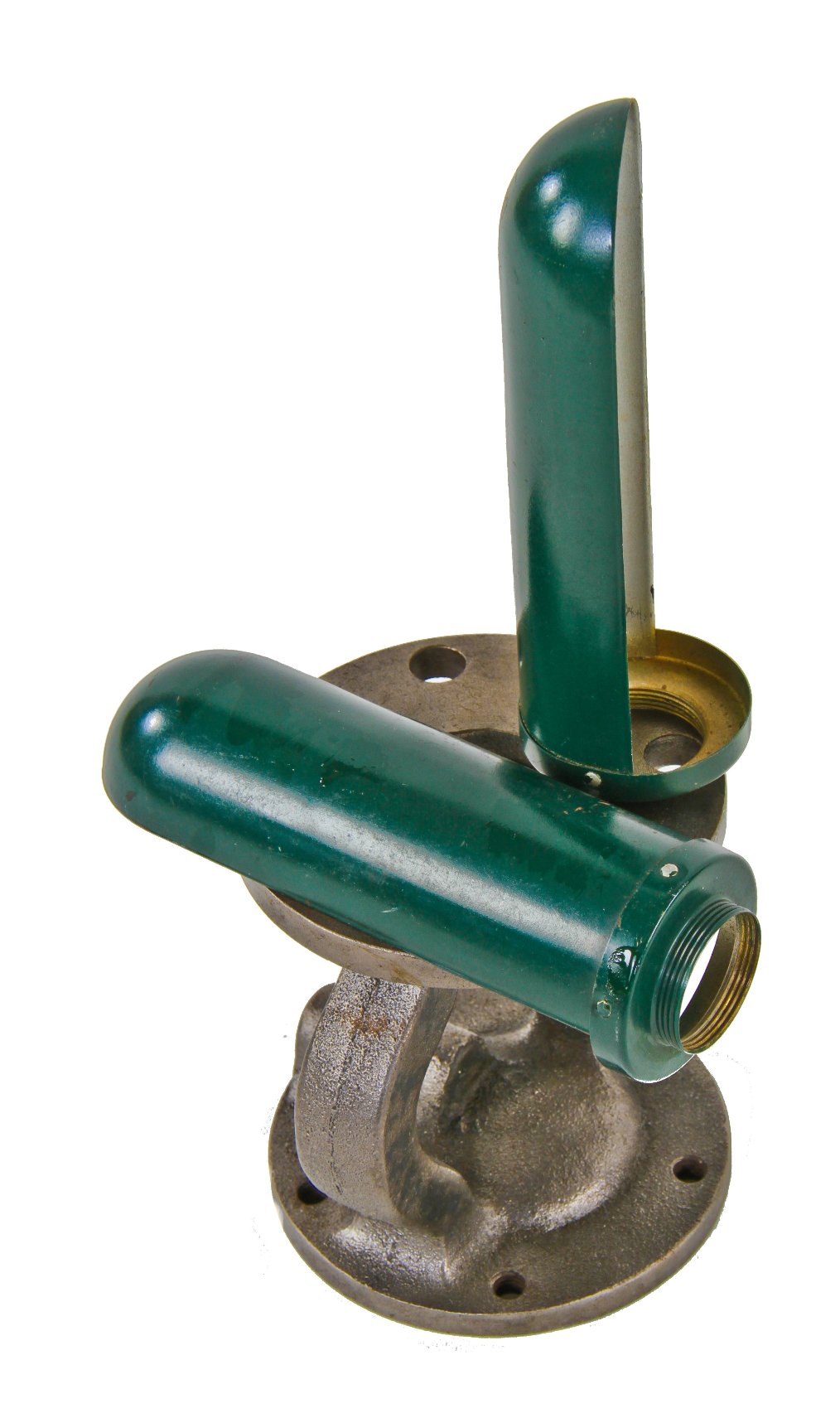 one of two matching original late 1920's green enameled pressed and folded steel diminutive cylindrical-shaped faries shade or reflector with silver metallic interior finish