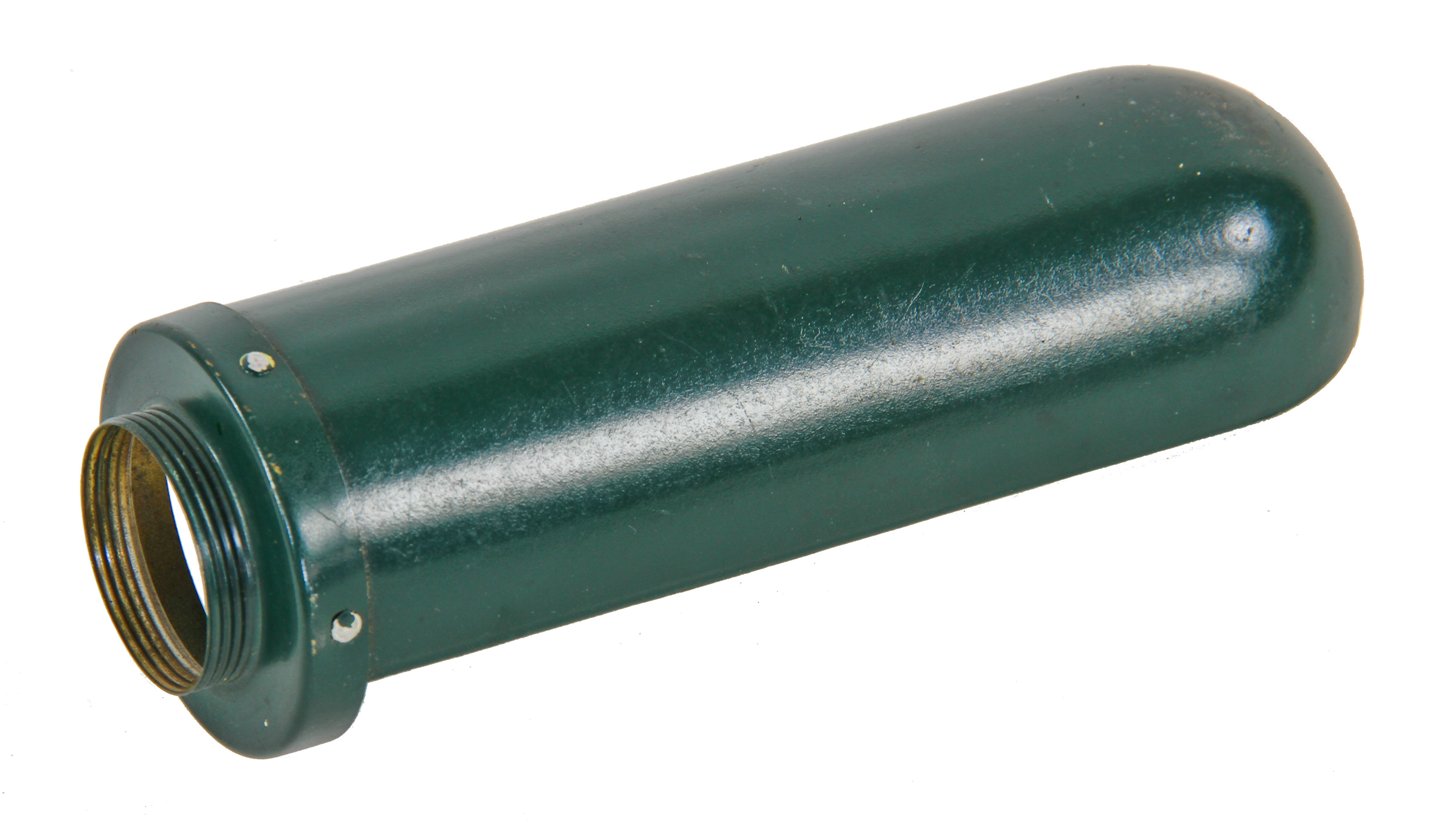 single all original c. 1920's american industrial cylindrical or tubular shaped green enameled pressed steel reflector or shade with threaded end