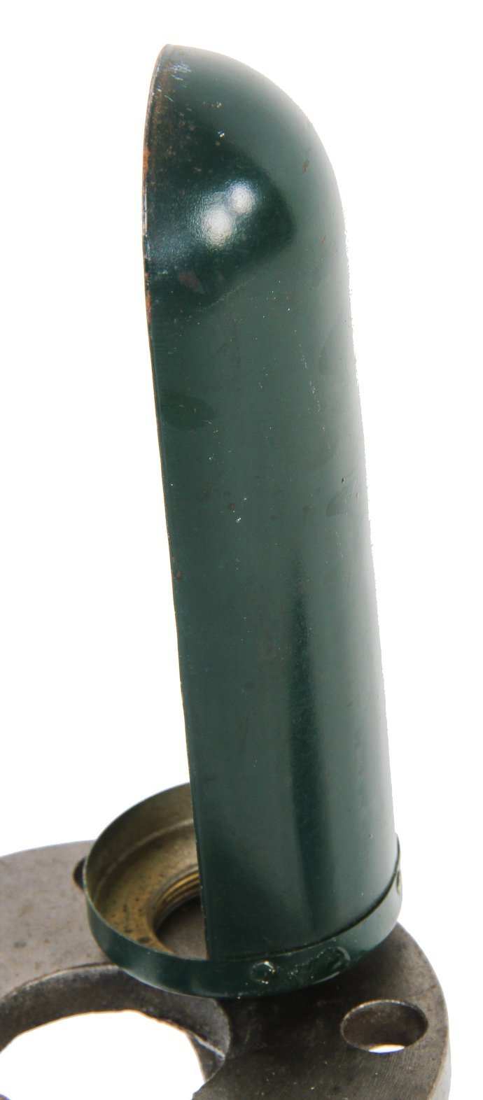one of two matching original late 1920's green enameled pressed and folded steel diminutive cylindrical-shaped faries shade or reflector with silver metallic interior finish