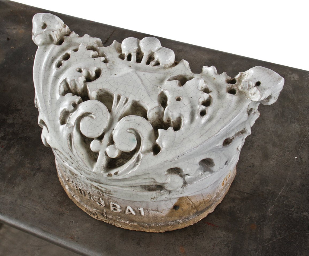 original and remarkably intact c. 1912-18 antique american exterior white glazed exterior "sullivanesque" style terra cotta chicago commercial building facade ornament with allover crazed finish