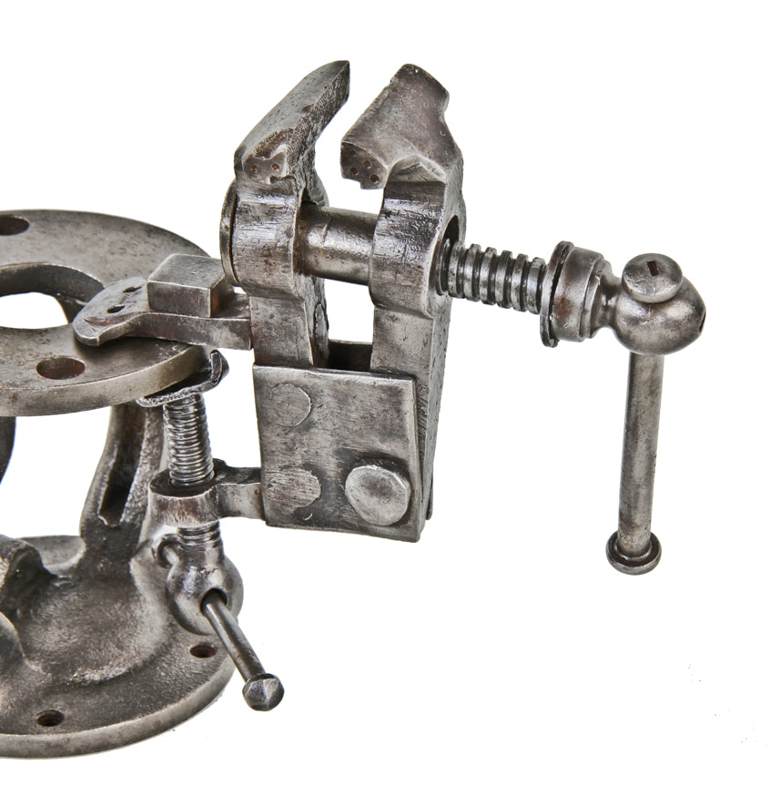 original late 19th or early 20th century george gorton custom-built wrought iron and steel diminutive riveted joint portable clamping vise with brushed metal finish