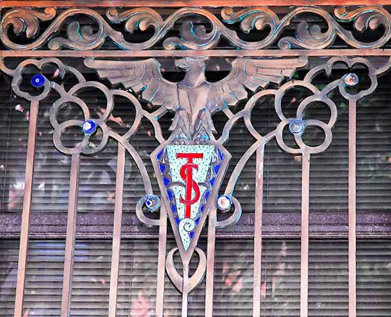 remarkable all original art deco style interior wall-mount cincinnati times-star building lobby illuminated exit light fixture with ruby red circular glass inset and bold white lettering