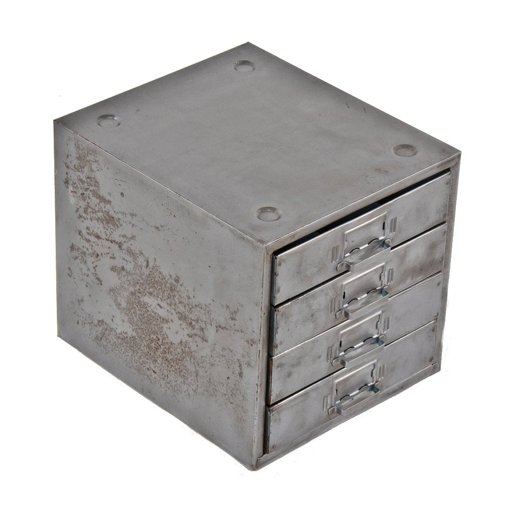 diminutive late 1940's american vintage industrial factory machine shop four-drawer workbench brushed steel storage cabinet with placard holders and handles