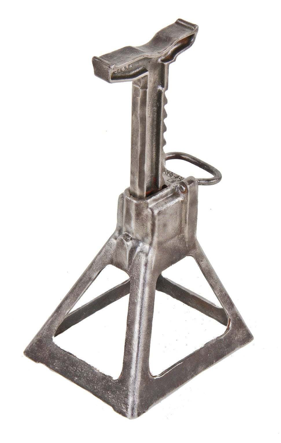 original vintage american industrial adjustable height brushed metal reinforced rack and pinion jack display stand with fully functional lever