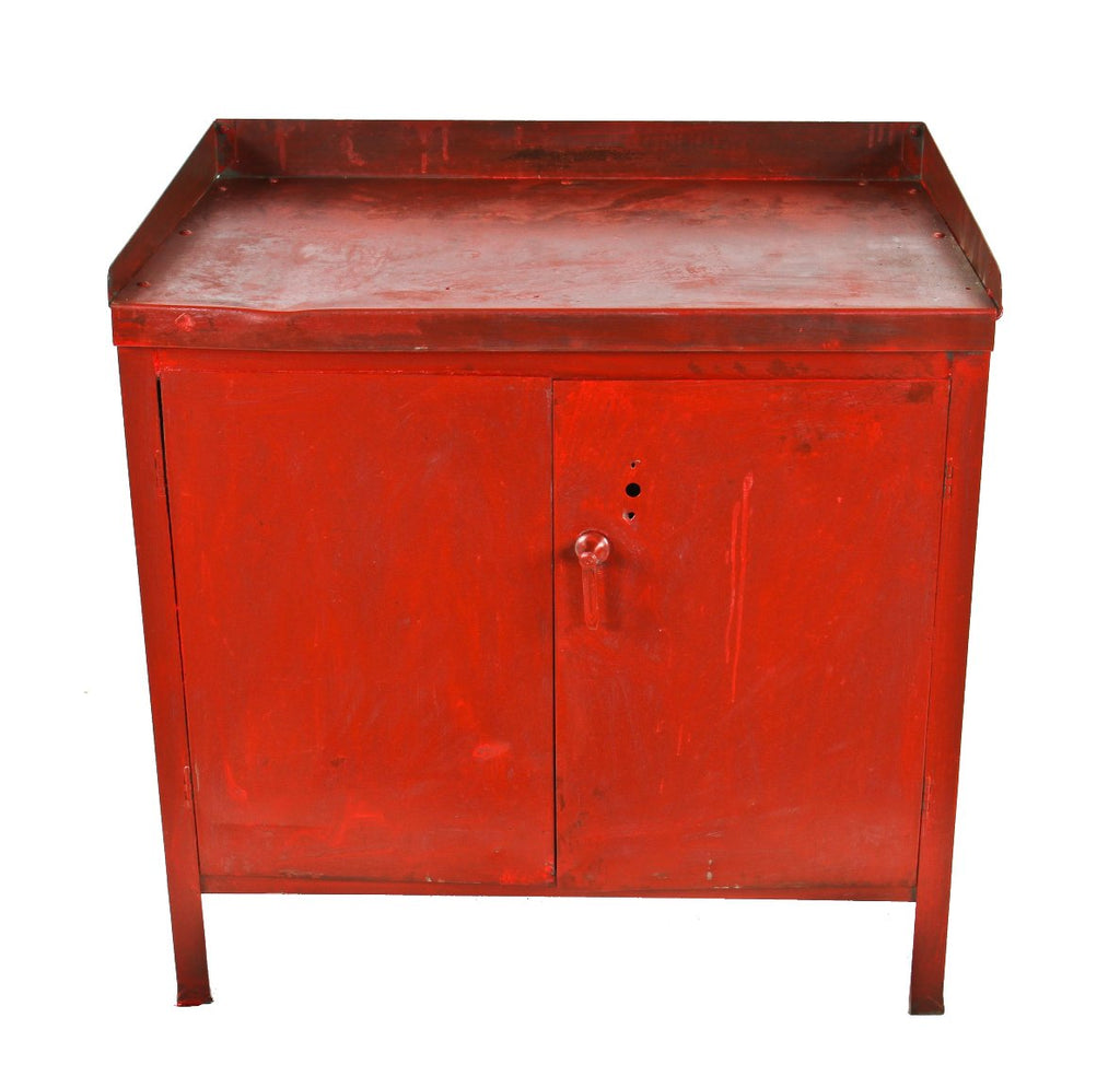 oversized c. 1950's american industrial pressed and folded steel hinged door spacious factory machine shop cabinet with three-sided rail guard