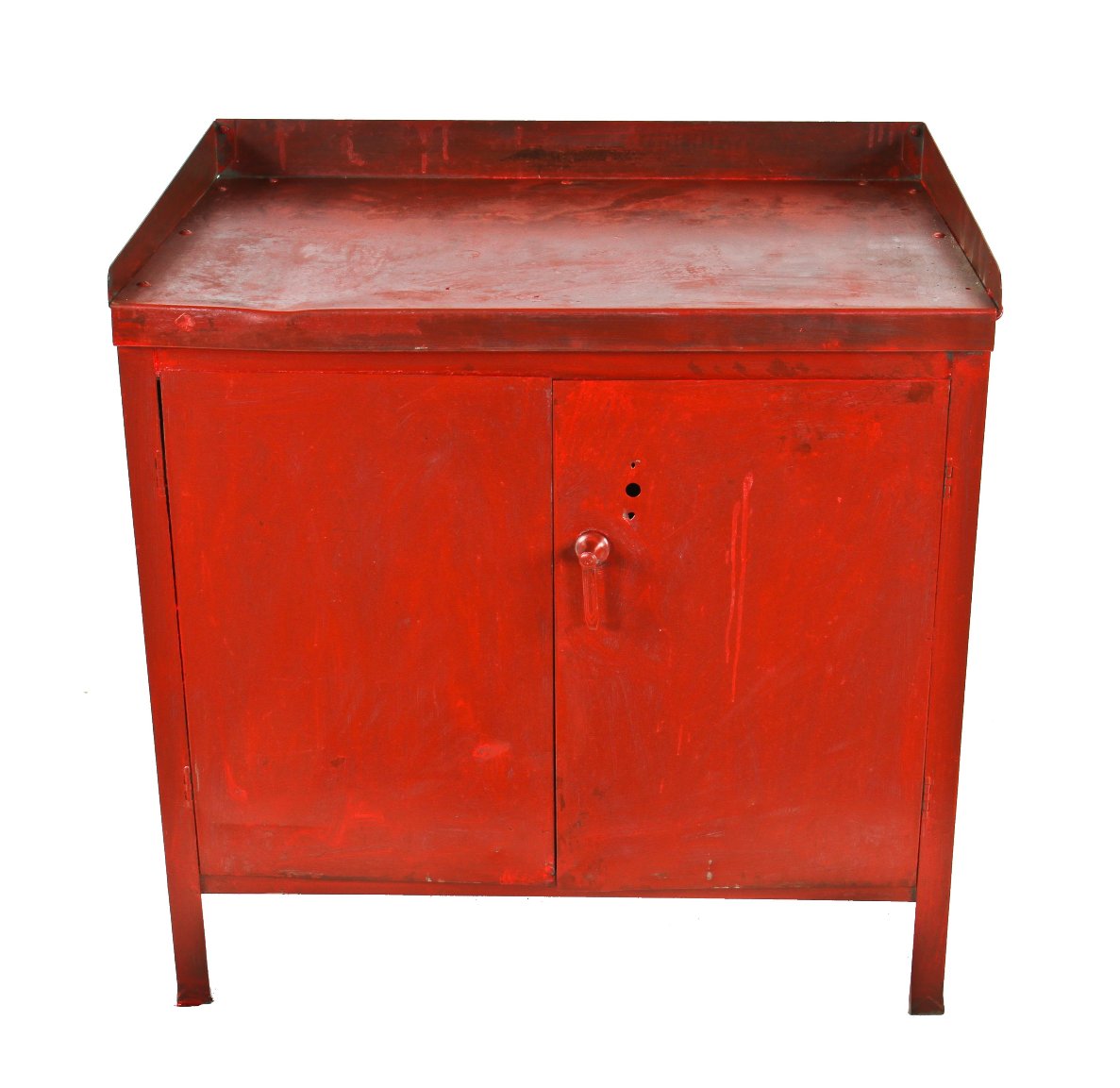oversized c. 1950's american industrial pressed and folded steel hinged door spacious factory machine shop cabinet with three-sided rail guard