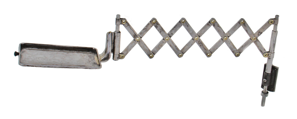 late 1930's american antique industrial wall-mount refinished brushed metal scissor or accordion style phone bracket with pressed and folded steel shelf and original mounting hardware