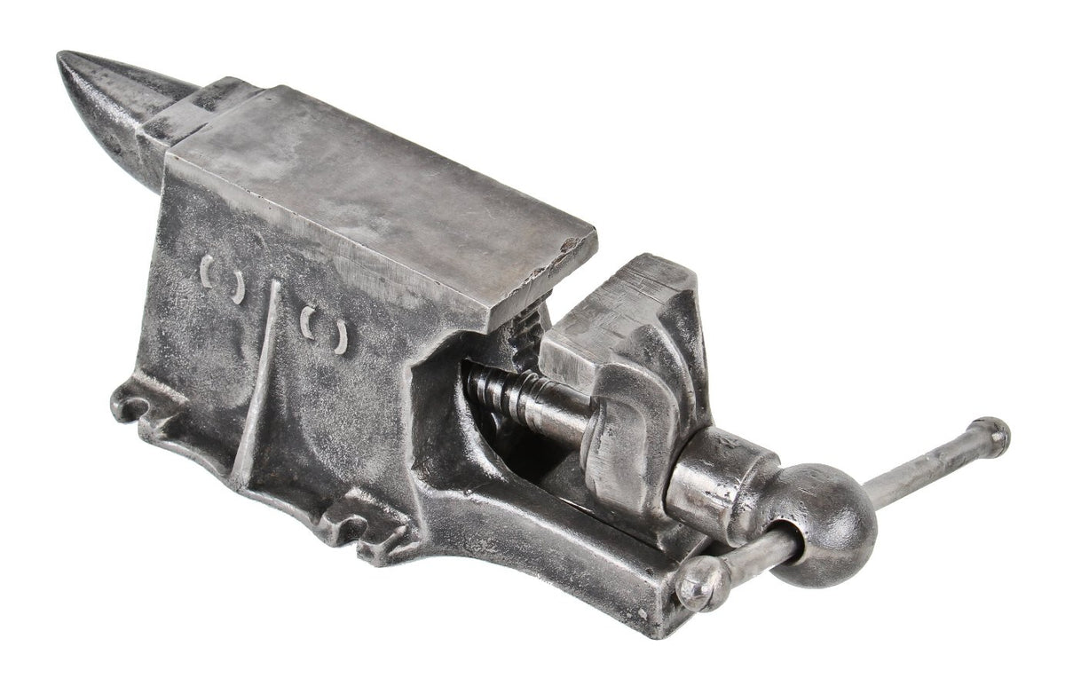 unusual late 19th or early 20th century reinforced cast iron george gorton combination anvil and vise with single movable jaw and intact ball finial handle