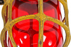 two matching brilliantly colored c. 1930's american antique industrial chicago river bridge caged metal caution or warning lights with pyrex ruby red glass globes