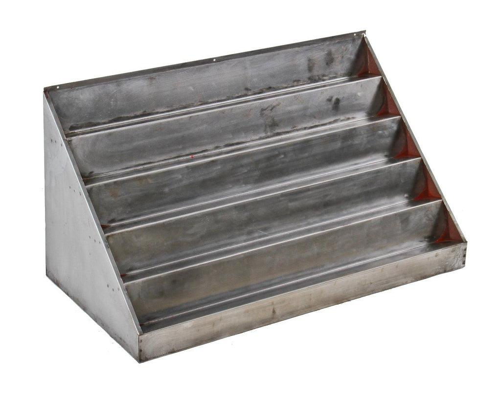 c. 1940's pressed and folded steel multi-tier oversized "weatherhead" countertop display rack with brushed metal finish