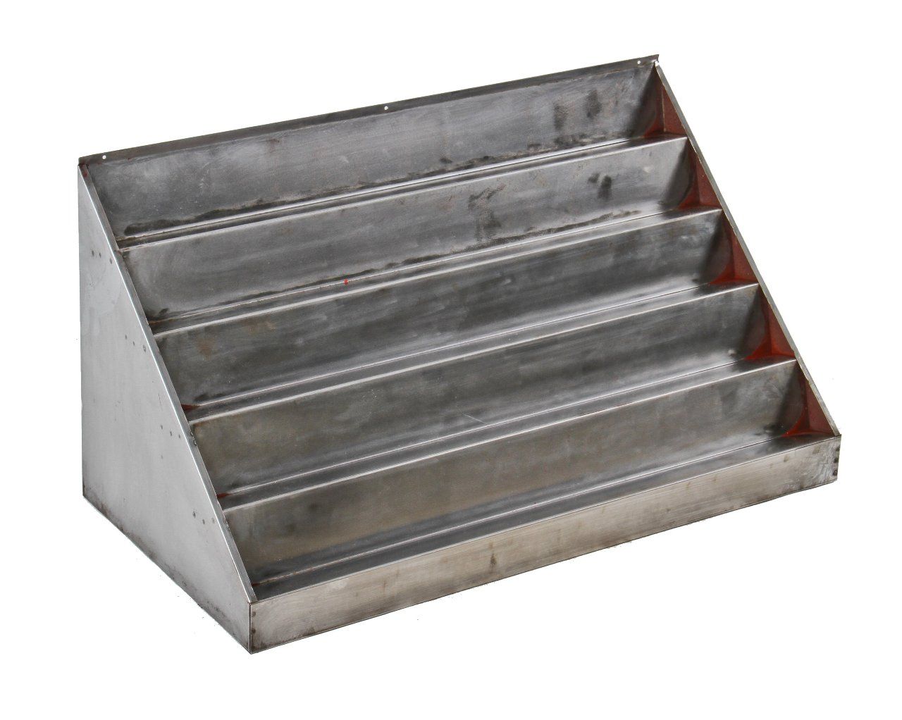 c. 1940's pressed and folded steel multi-tier oversized "weatherhead" countertop display rack with brushed metal finish