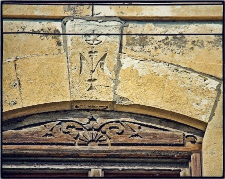 very robust all original c. 1870's original octagonal-shaped red painted solid walnut wood commercial building staircase newel post with top cap