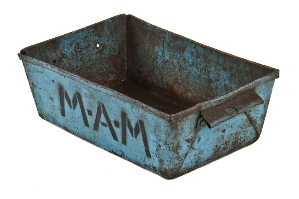 heavy duty c. 1940's original american industrial blue painted pressed and folded steel factory machine shop scrap container or tote with opposed handles