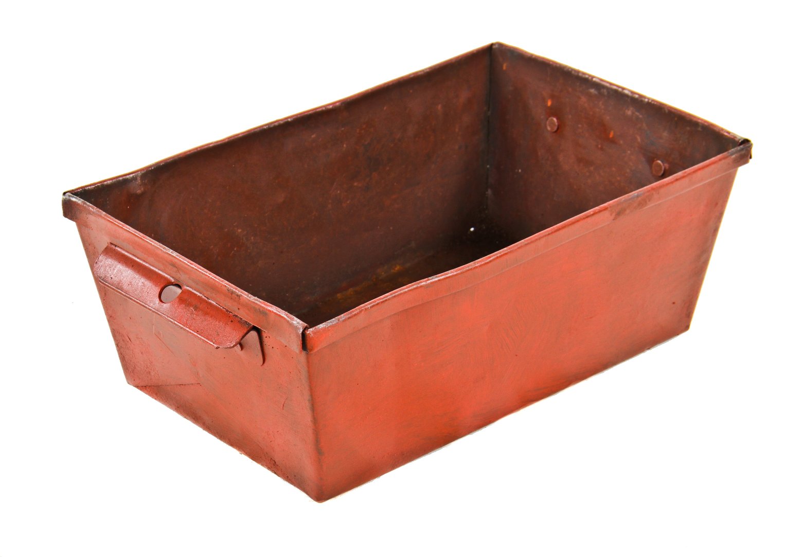 vintage american industrial pressed and folded heavy gauge steel red painted factory machine shop refuse or scrap storage bin or tote with opposed handles