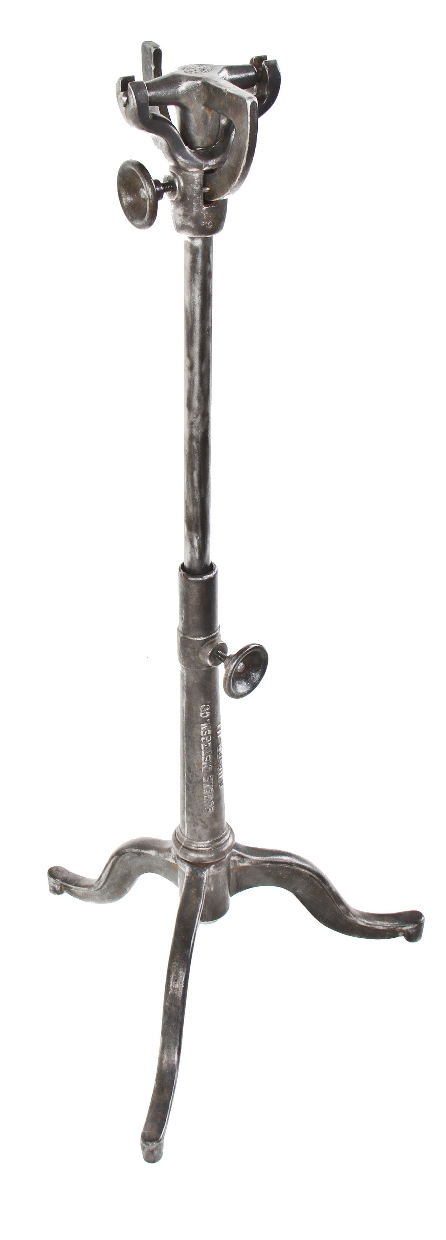 original c. 1900-15 stationary american antique industrial three-legged cast iron dietzgen  adjustable height drafting or draftsman drawing table base with dual dial handles