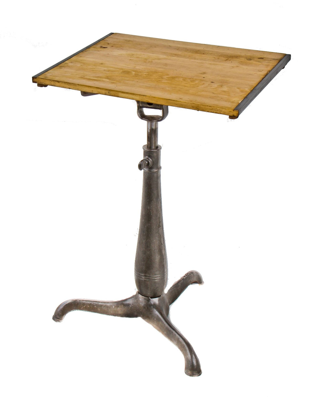 tun of the century original antique american industrial heavy cast iron three-legged drafting or draftsman table base with a newer "mayline" maple wood drawing board