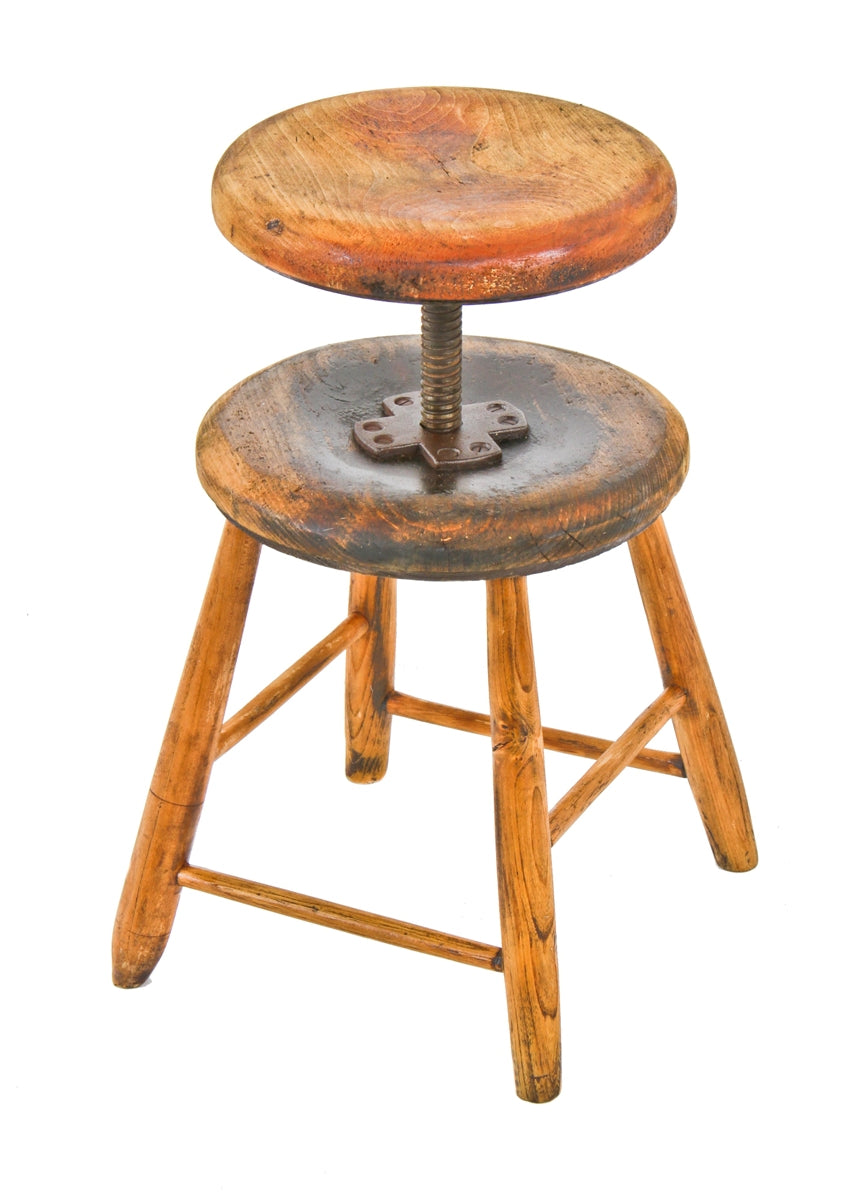 unusual early 20th century new york city building lobby shoe-shiner's stationary low-lying four-legged birch wood stool with unique swivel seat add-on