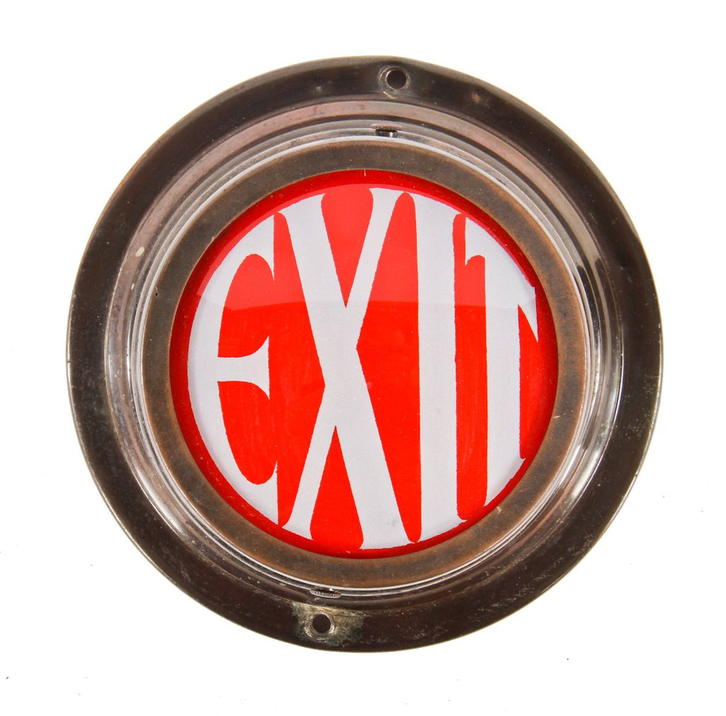 remarkable all original art deco style interior wall-mount cincinnati times-star building lobby illuminated exit light fixture with ruby red circular glass inset and bold white lettering
