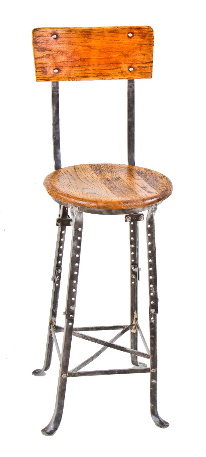 all original and well-maintained fully adjustable c. 1920's antique american industrial four-legged angled steel factory machinist stool with oak wood seat and backrest