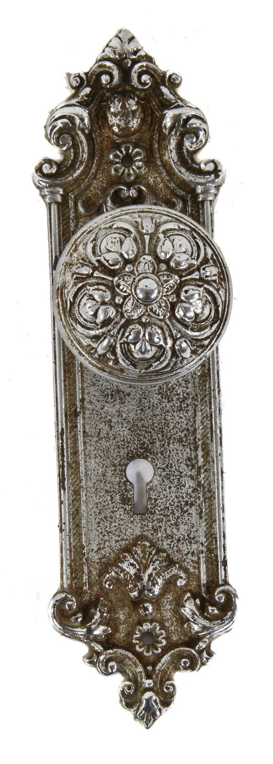 early 20th century antique american chrome plated ornamental cast iron "pasco" pattern interior residential doorknob and matching backplate