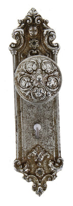 early 20th century antique american chrome plated ornamental cast iron "pasco" pattern interior residential doorknob and matching backplate