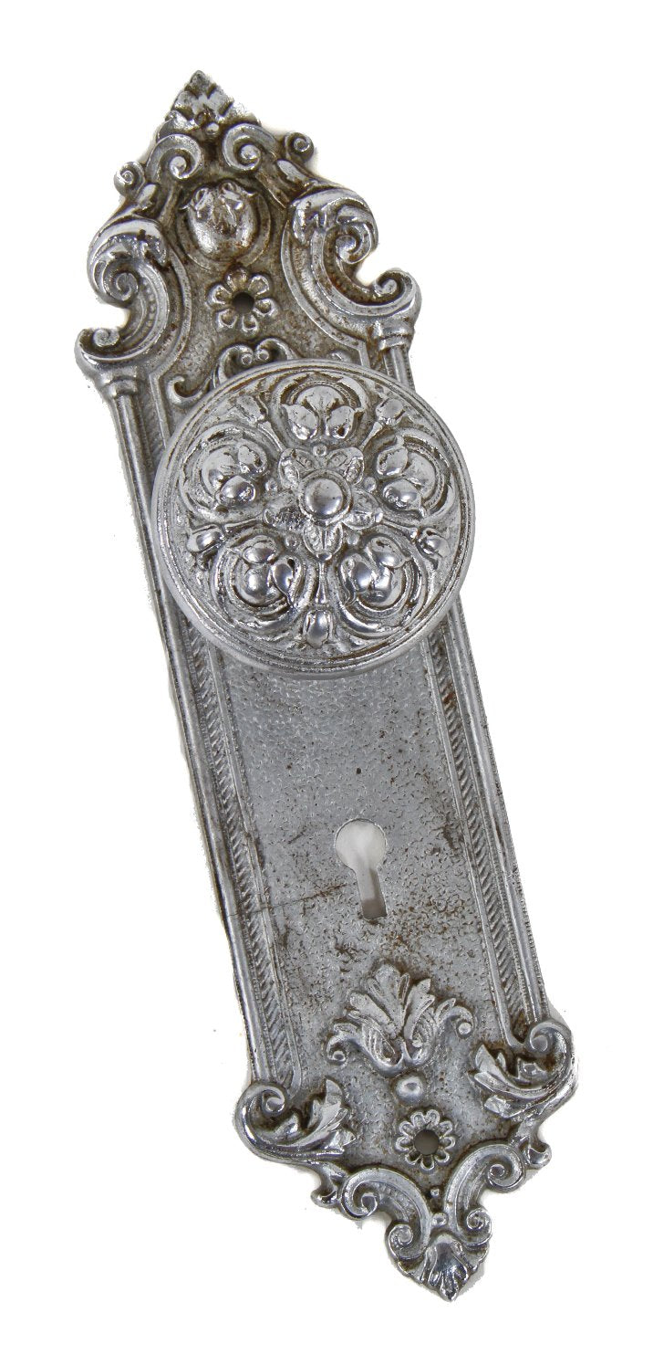 original early 20th century antique american interior residential "pasco" pattern banded rim cast iron doorknob with matching backplate