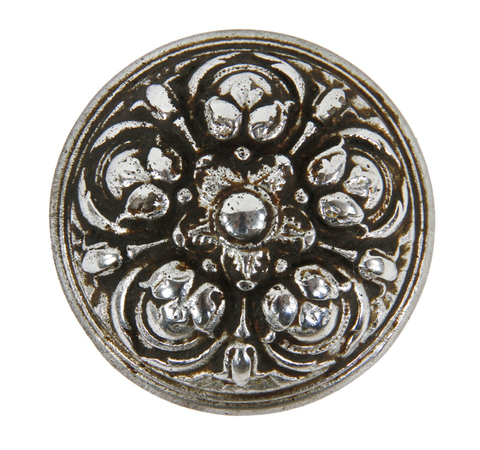 early 20th century antique american ornamental cast iron "pasco" pattern banded rim interior residential chrome-plated doorknob
