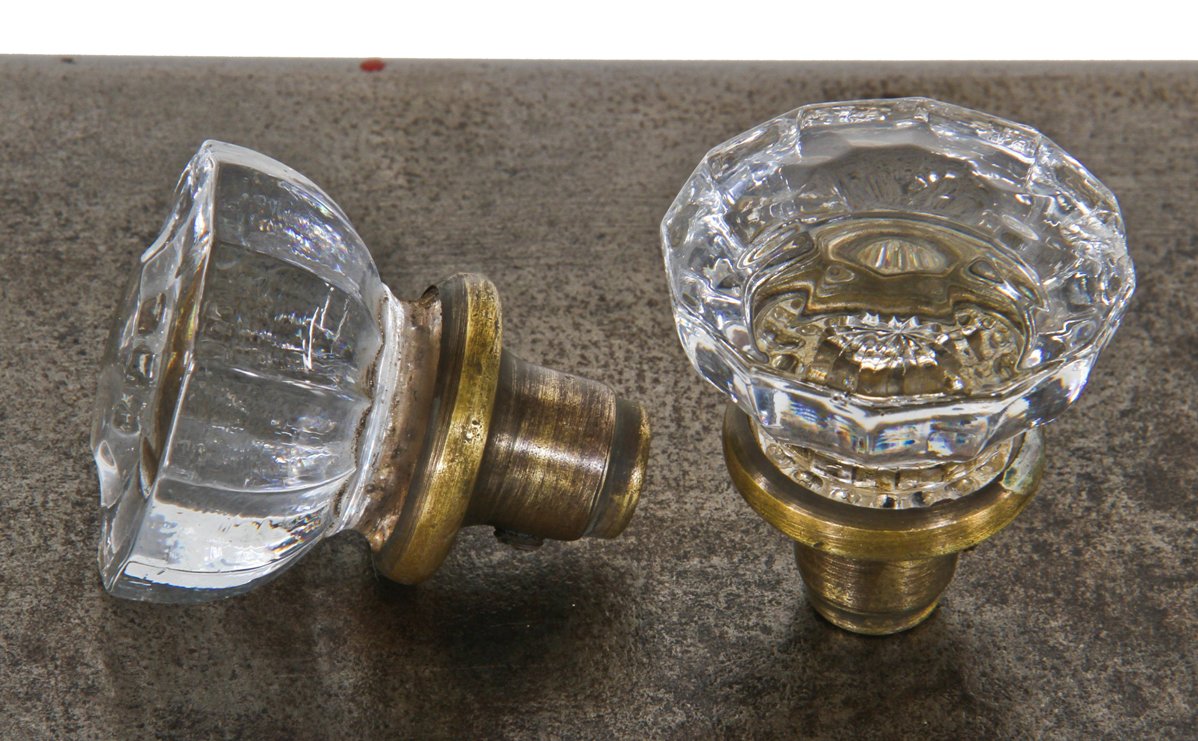 original early c. 1920's  matching pressed glass or faceted "crystal" interior residential passage door handles with threaded set screws and brass shanks