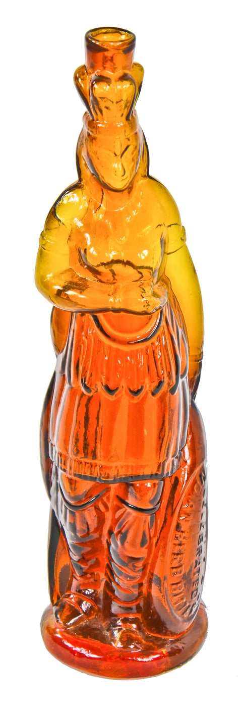original and largely intact c. 1870's american antique medical "indian queen" browns celebrated indian herb bitters amber colored full-figure bottle