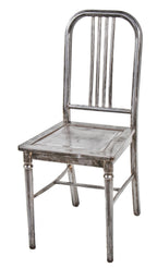 strong and sturdy c. 1930's american antique industrial hotel guestroom pressed and folded steel four-legged stationary side chair with four closely spaced slats