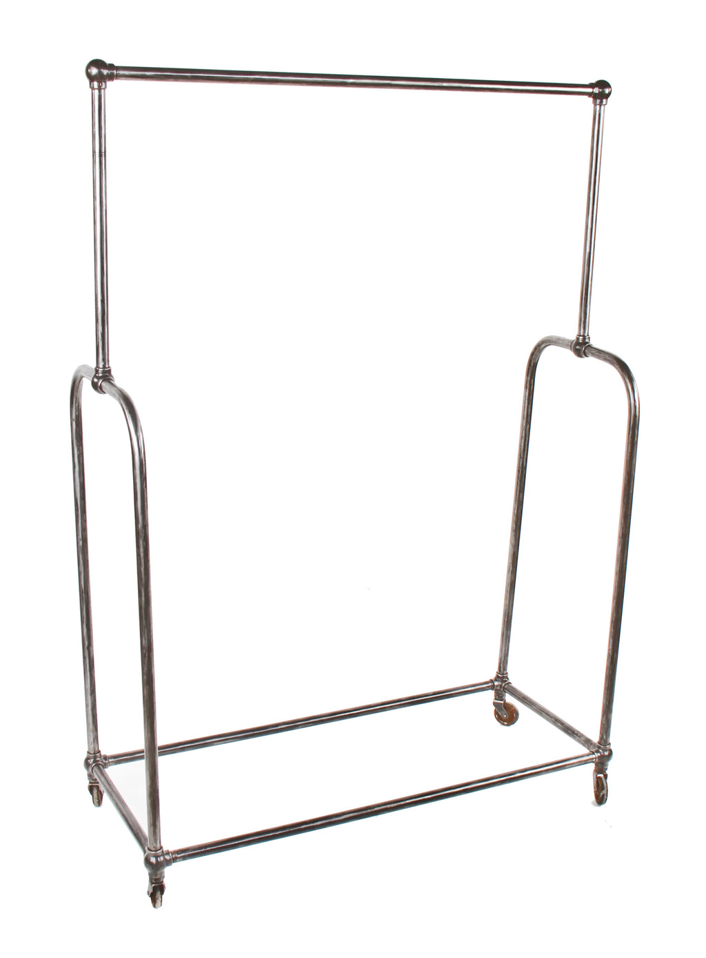 refinished late 1930's original and intact bent tubular steel mobile drake hotel bellhop uniform coat rack with original composite swivel casters