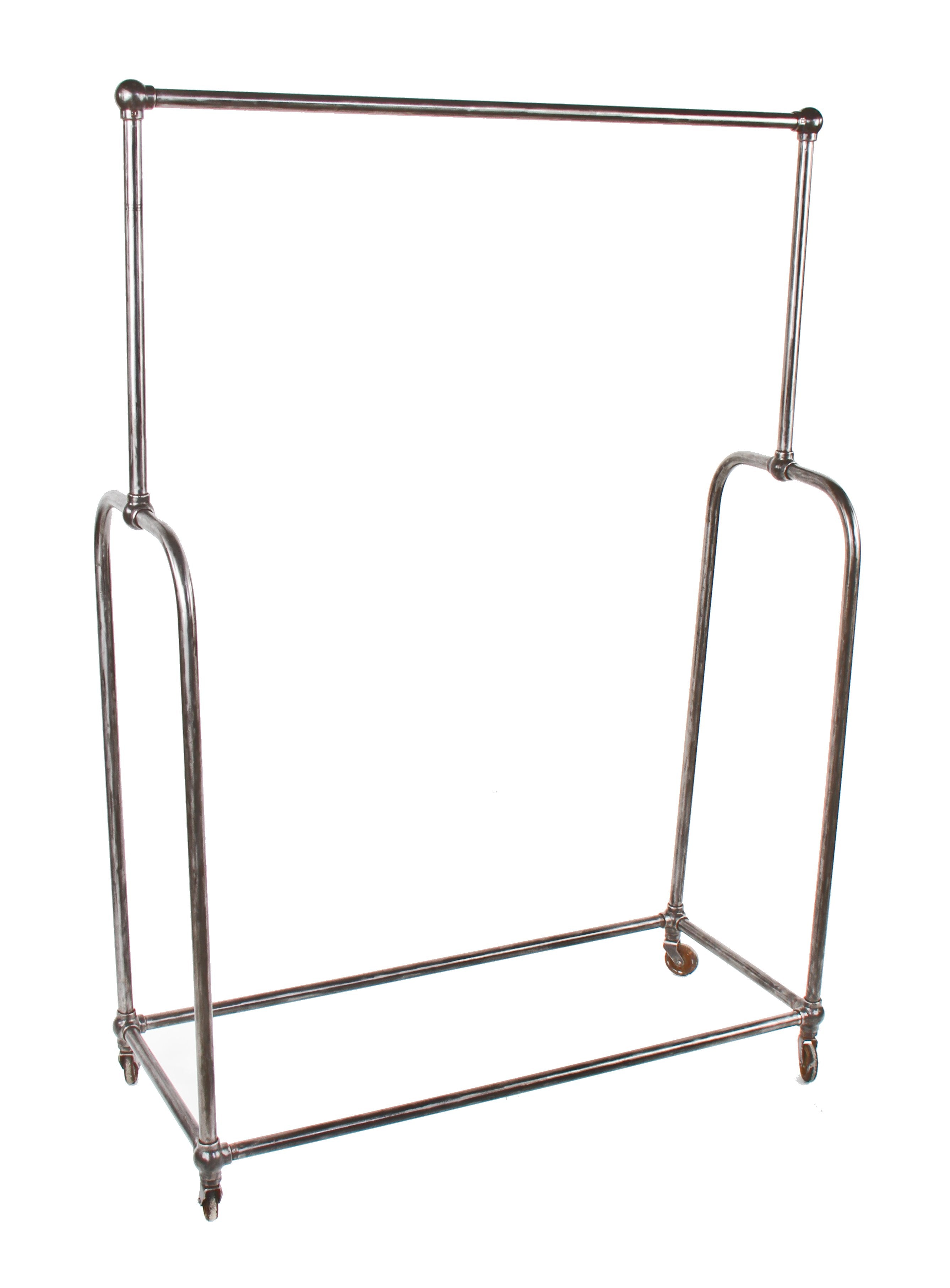 refinished late 1930's original and intact bent tubular steel mobile drake hotel bellhop uniform coat rack with original composite swivel casters