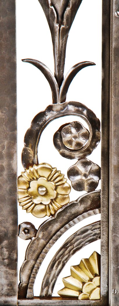 refinished american c. 1930's art deco style ornamental wrought iron and brass nashville third national bank building teller window side panel or grille