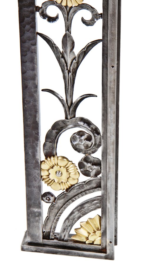 refinished american c. 1930's art deco style ornamental wrought iron and brass nashville third national bank building teller window side panel or grille